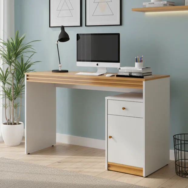 Escrivaninha moderna com computador e decoração minimalista