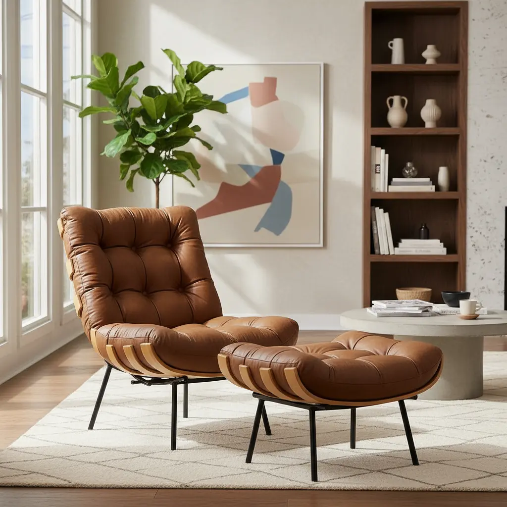 Poltrona de couro marrom em sala moderna