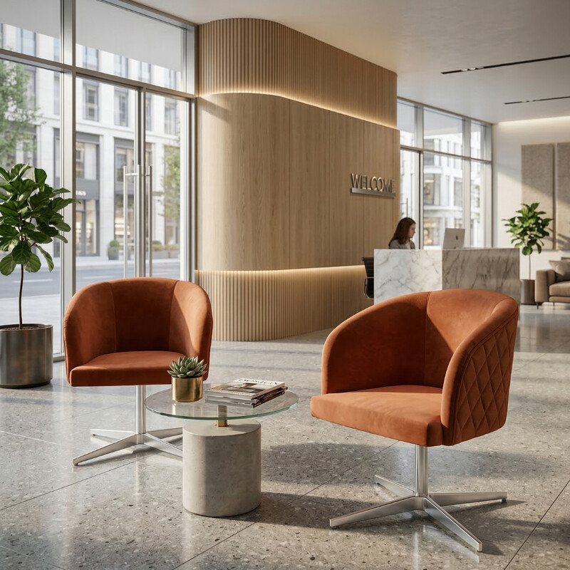 Sala de espera moderna com cadeiras laranja e mesa.