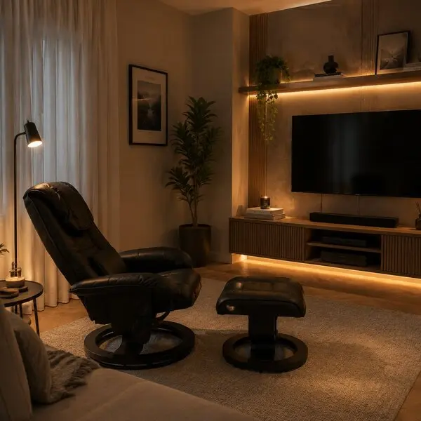 Sala de estar moderna com poltrona e TV