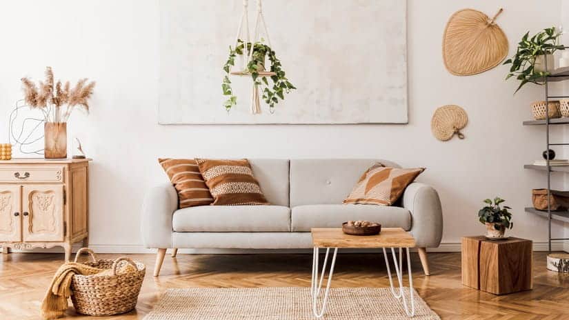 sala com cores neutras e sofá retrô