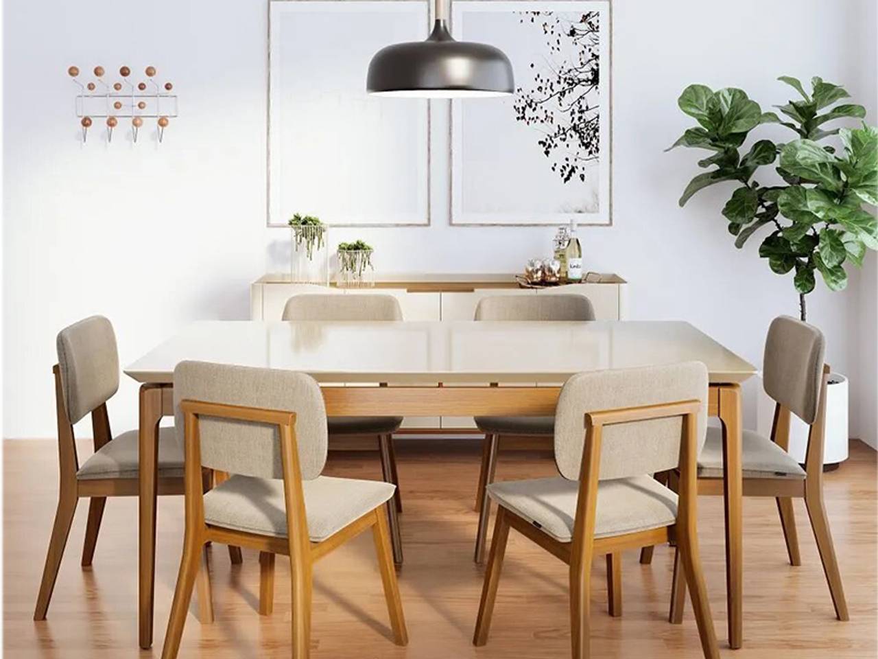 cadeira classic linho fendi pés madeira com mesa base madeira tampo vdro branco com vaso de planta na chão lado direito e enfeites na parede