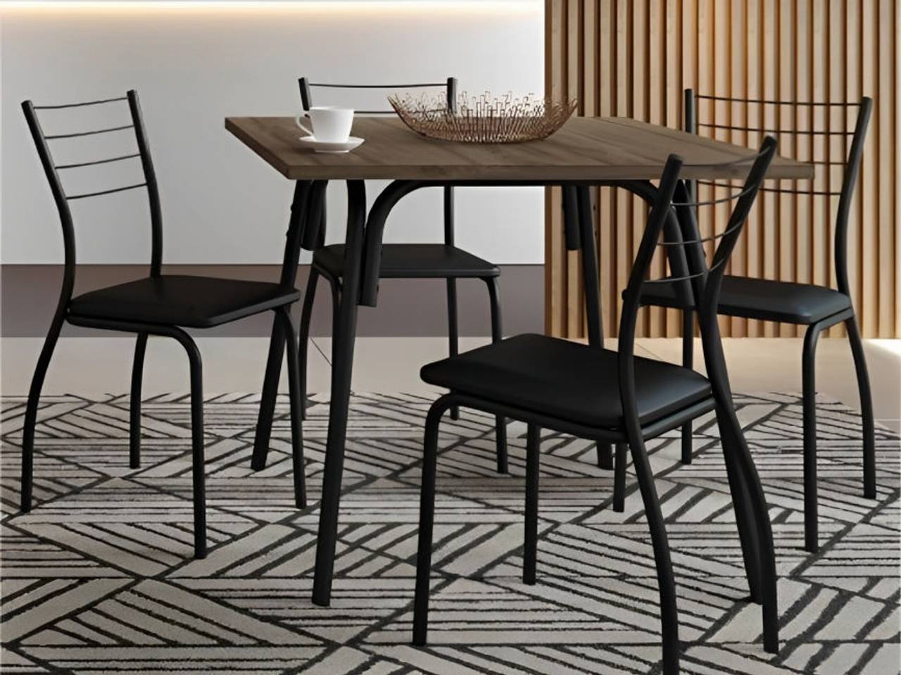 cadeira industrial preta estofada com mesa industrial base mdf marrom exposta encima de um tapete cinza com formatos de triangulos