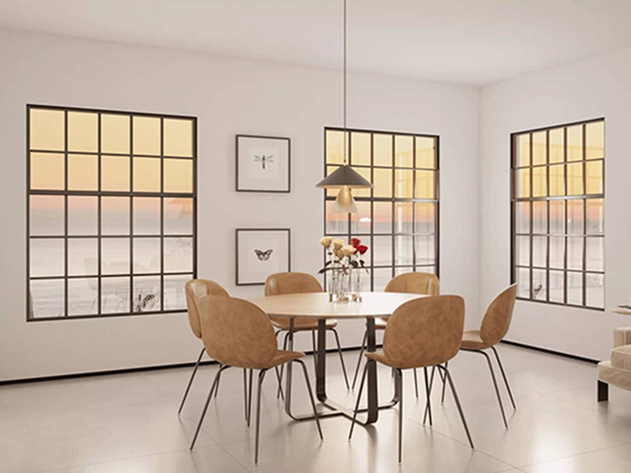 jogo de cadeiras para sala de jantar em pu na cor marrom ao redor de uma mesa do mesmo material