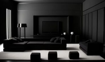 conceito de sala de estar na cor preta com moveis destacados em preto e branco