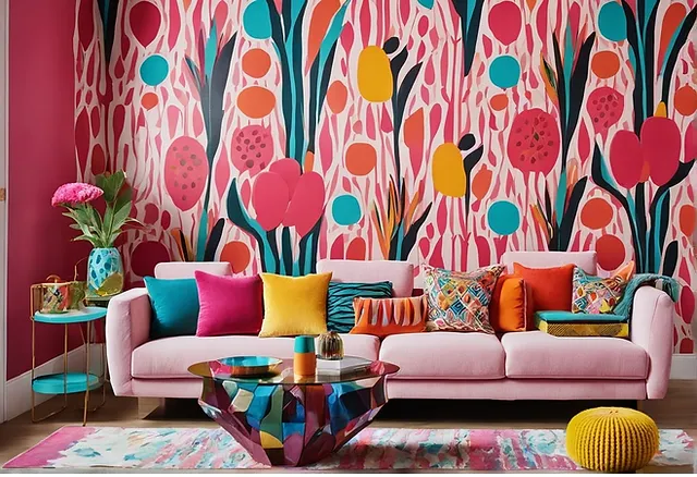 sala decorada com papell de parede colorido no estilo dopamine