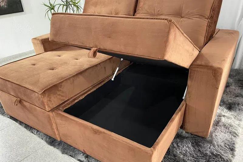sofa retratil reclinavel com bau holanda veludo terracota