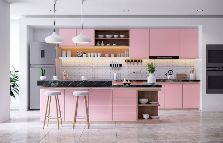 Cozinha Rosa Moderna com Ilha decorada com tons pasteis