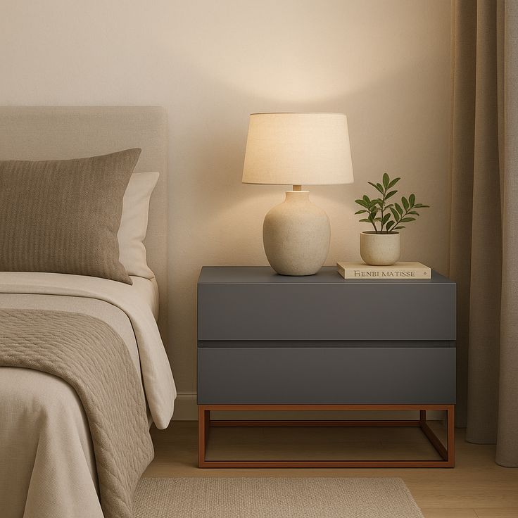 Criado-mudo moderno com lâmpada e planta decorativa