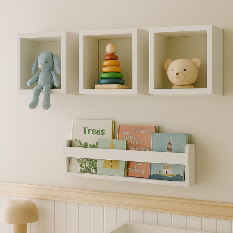 Decoração de quarto infantil com estantes e brinquedos