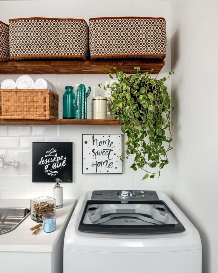 Lavanderia organizada com prateleiras e plantas decorativas