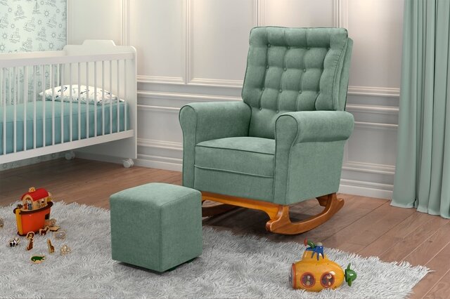 Poltrona de balanço verde com puff em quarto infantil