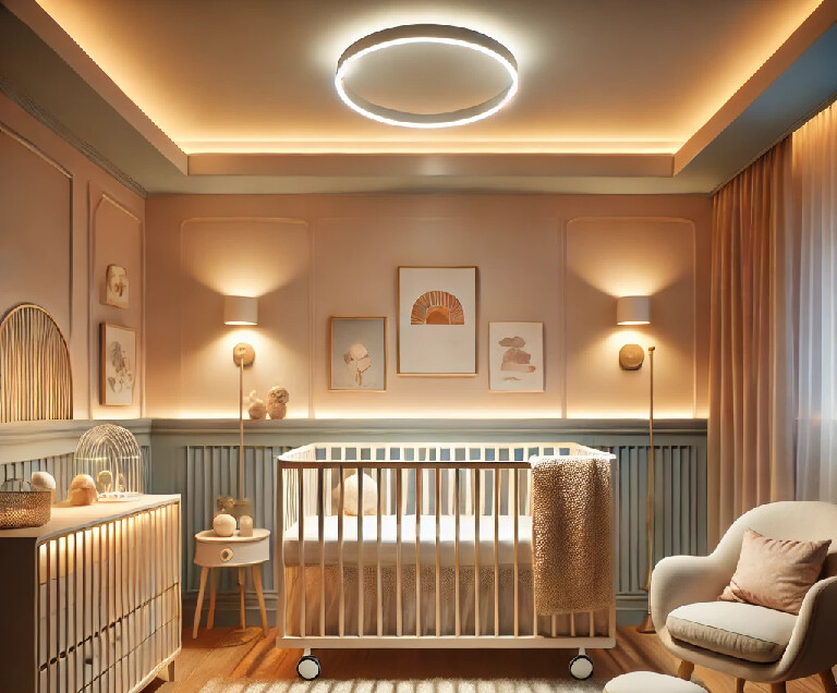 Quarto de bebê com iluminação suave e decoração moderna