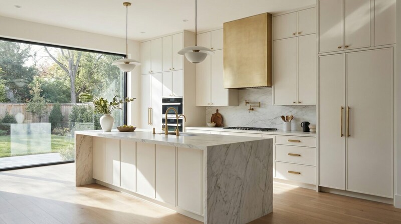 Cozinha moderna com marcenaria clara e bancada de mármore