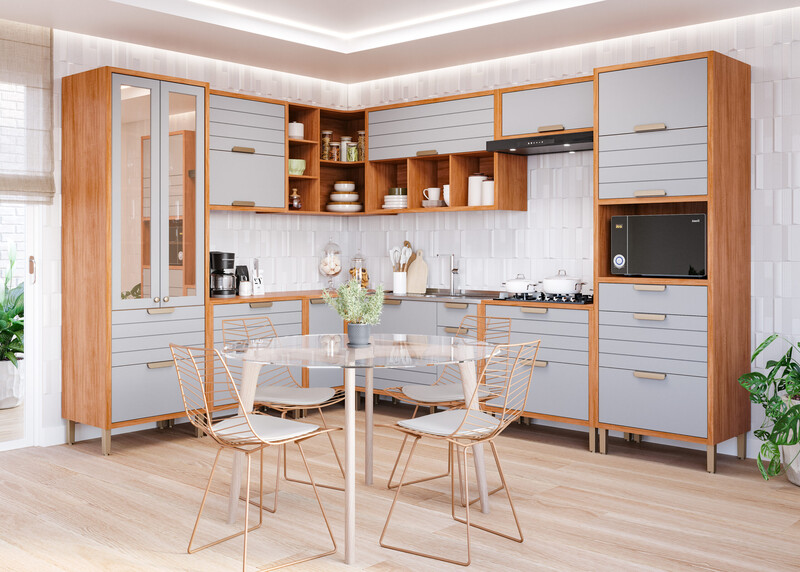 Cozinha moderna em madeira e cinza com mesa de vidro