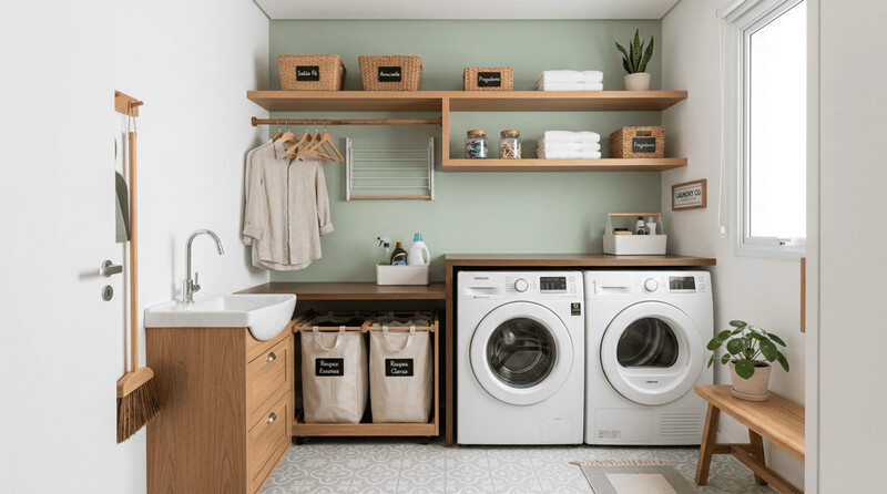 Lavanderia moderna com prateleiras e máquina de lavar.