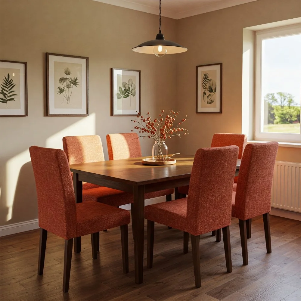 Mesa de jantar com seis cadeiras laranja