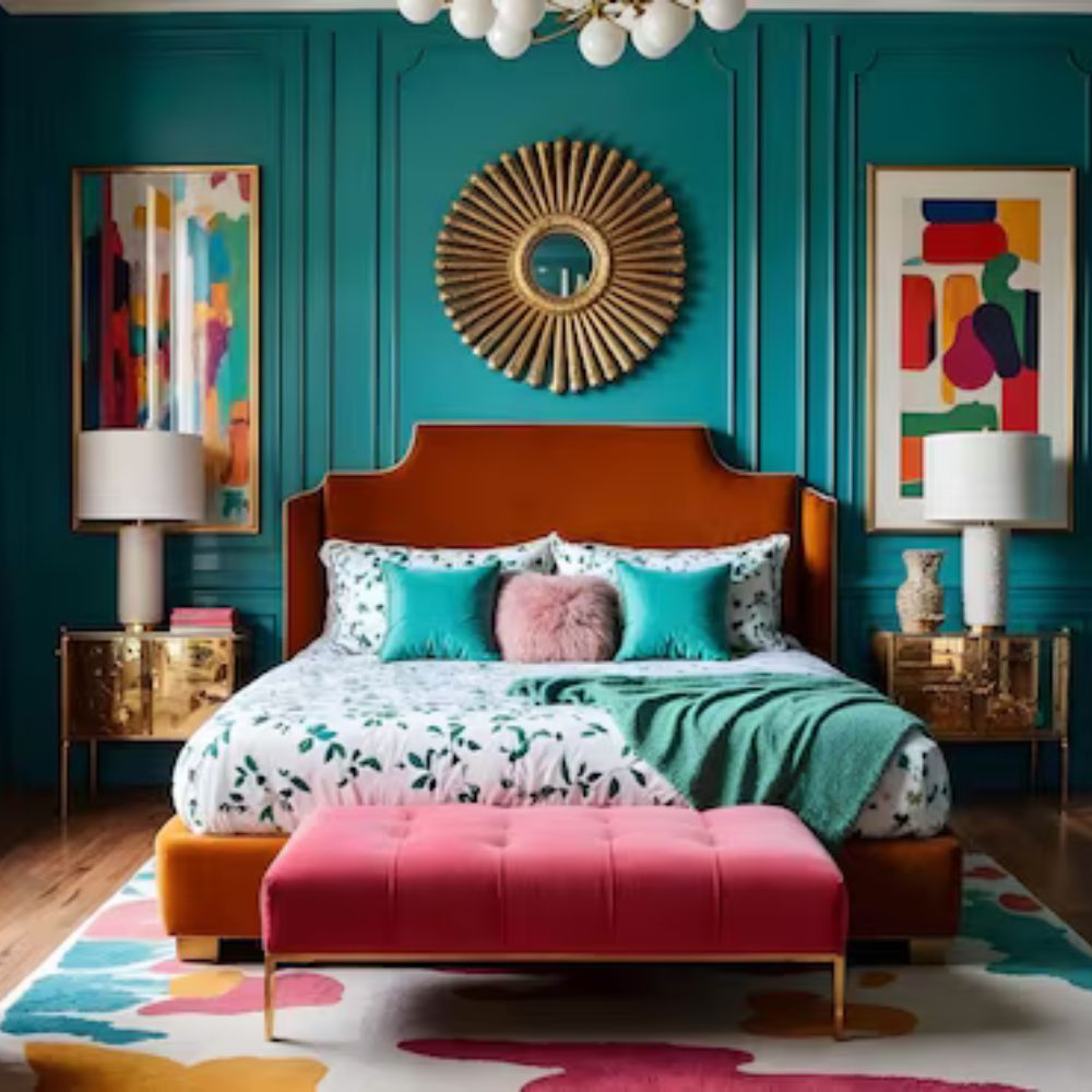 Quarto elegante com decoração moderna e cores vibrantes.