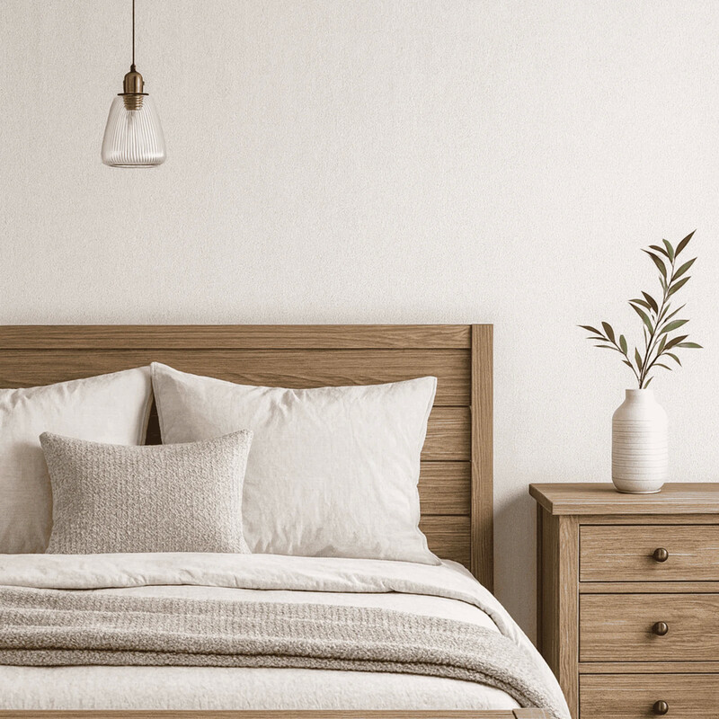 Quarto minimalista com cama de madeira e decoração elegante