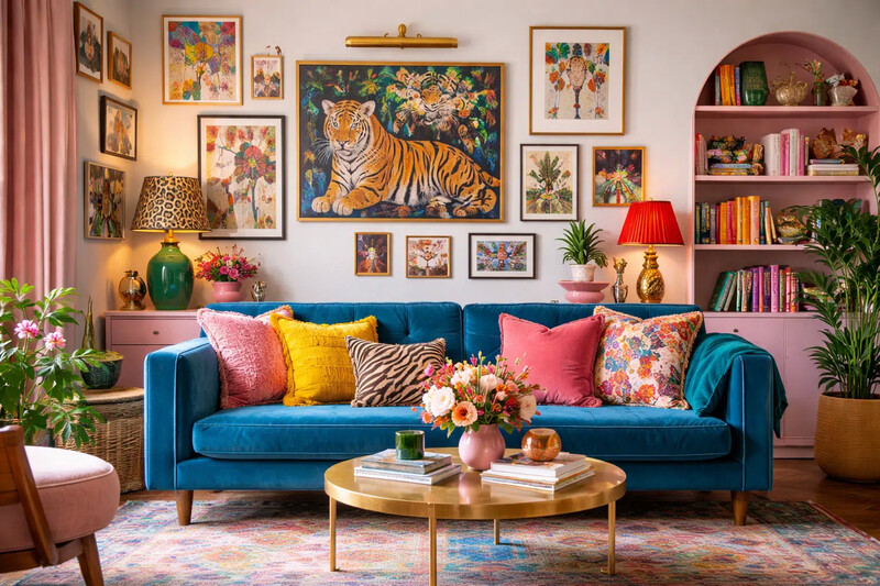 Sala de estar colorida com sofá e arte na parede