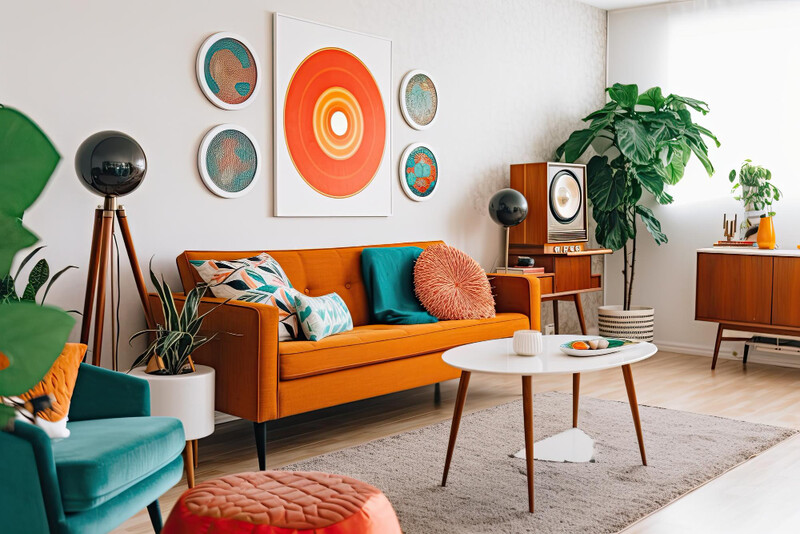 Sala de estar moderna com sofá laranja e plantas decorativas