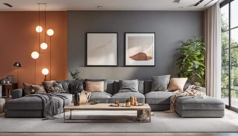 Sala de estar com sofá cinza e decoração moderna.