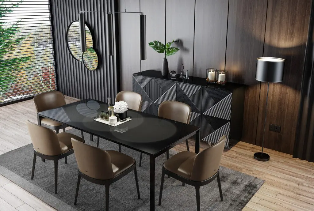 Sala de jantar moderna com mesa e cadeiras elegantes
