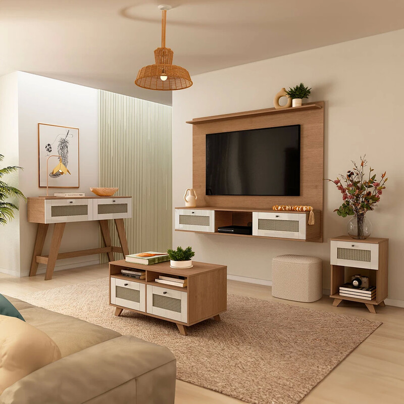 Sala de estar com móveis modernos em madeira clara.