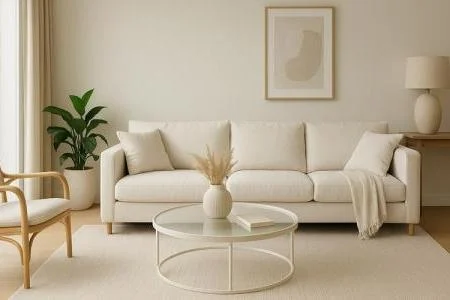 Sala de estar com sofá claro e decoração minimalista