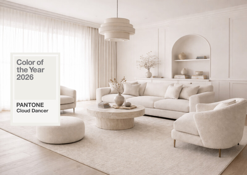 Sala moderna com sofá e mesas em tons neutros