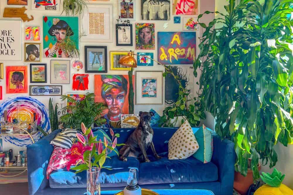 Cachorro em um sofá azul rodeado de arte e plantas
