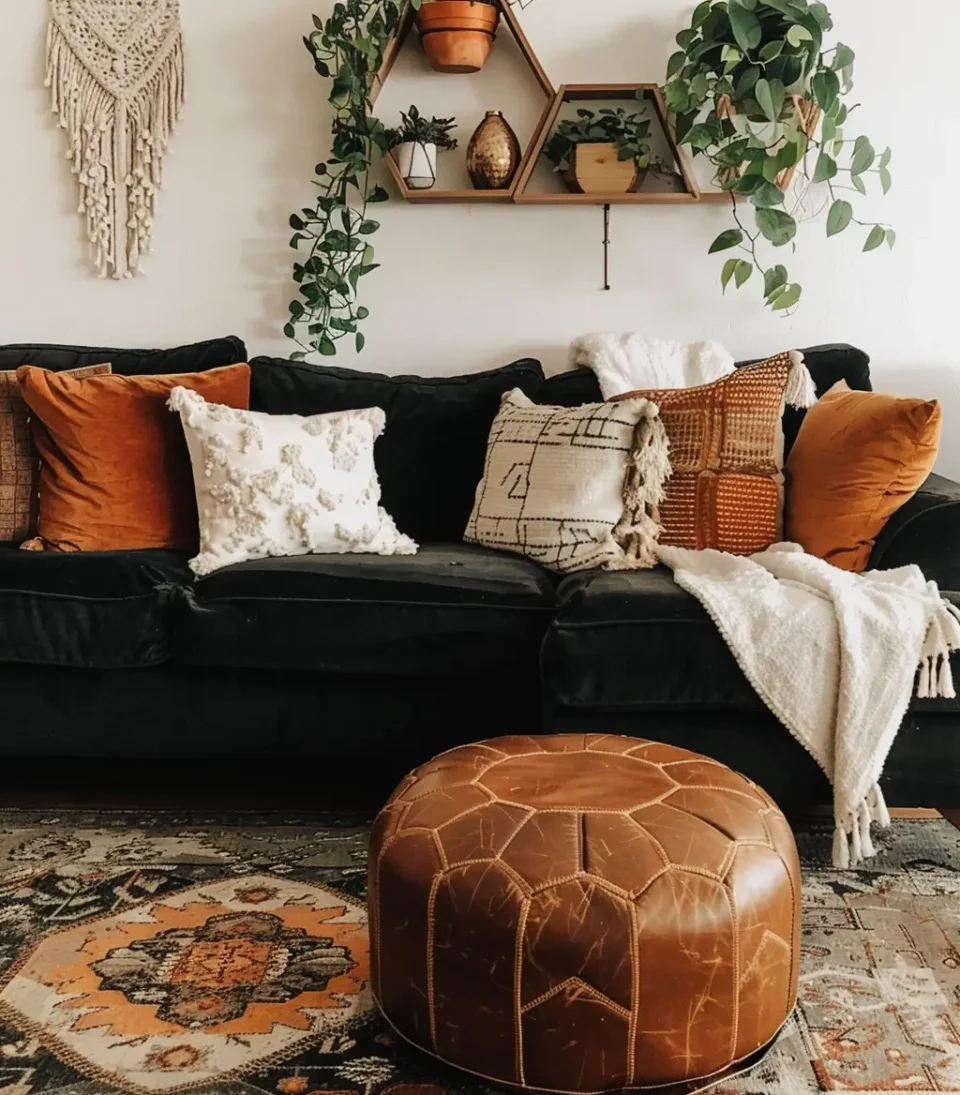Sofá preto aconchegante com almofadas e mesa de centro