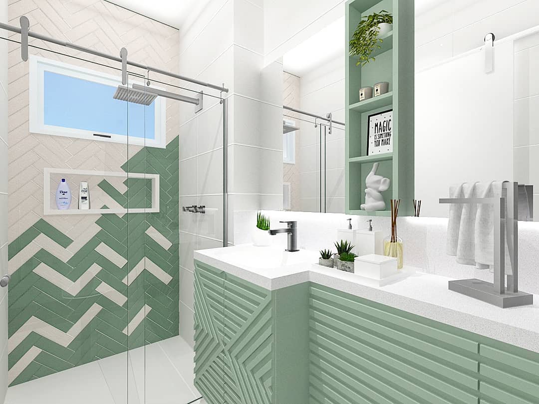 Banheiro moderno com azulejos e design elegante.