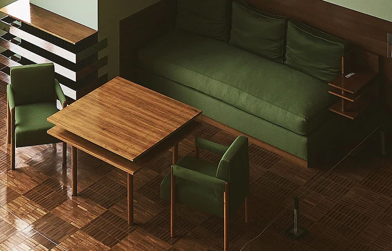 Móveis modernos em sala de estar com sofá e mesa de madeira.