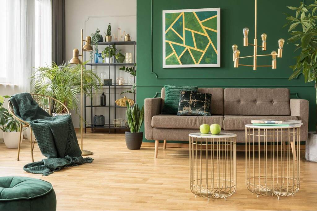 Sala de estar moderna com sofá e plantas decorativas