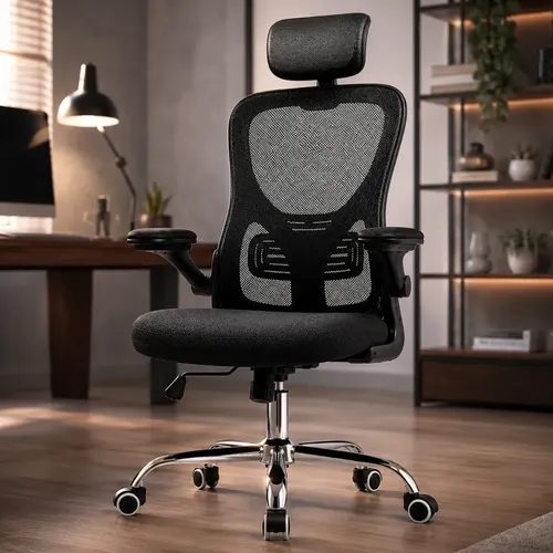 Cadeira de escritório ergonômica preta com apoio de cabeça