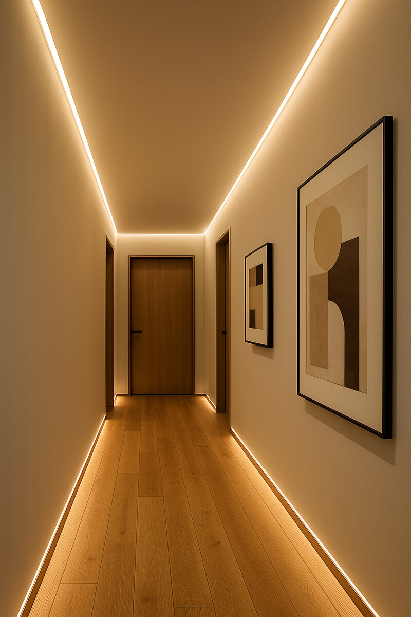 Corredor moderno com iluminação embutida e quadros decorativos.