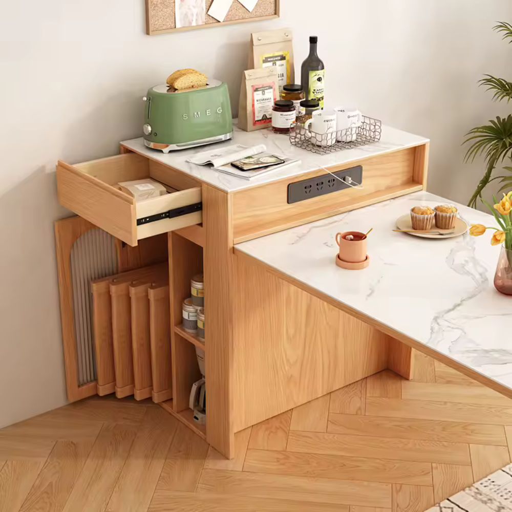 Mesa e gaveta de cozinha moderna em madeira clara