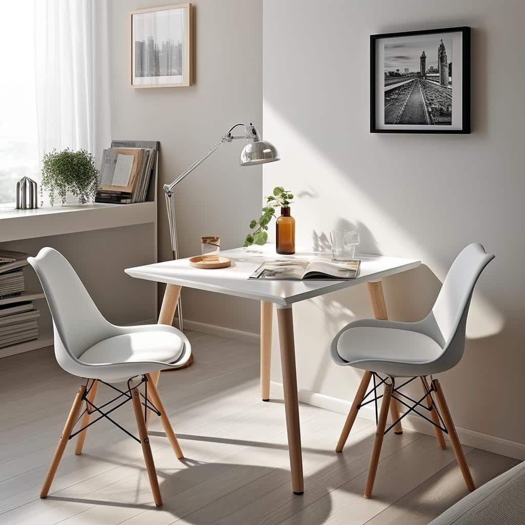 Mesa moderna com duas cadeiras em ambiente iluminado