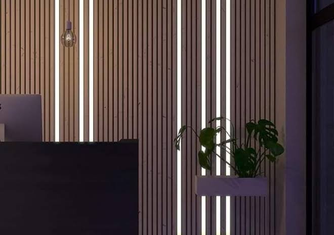 Paredes com iluminação moderna e planta decorativa