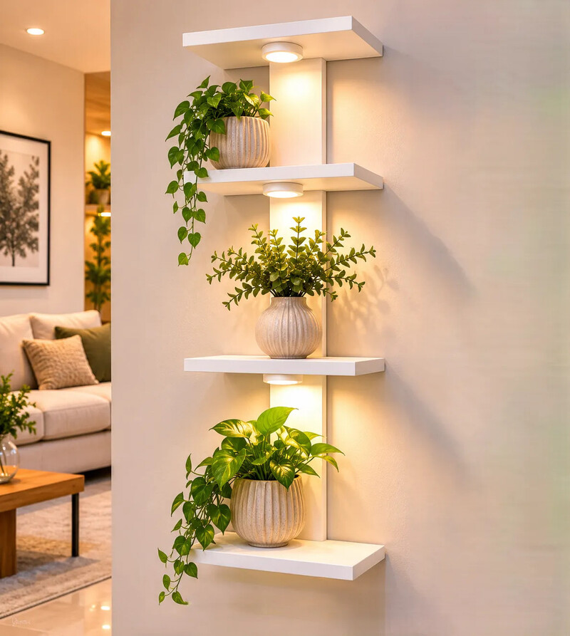 Prateleira decorativa com plantas em iluminação suave