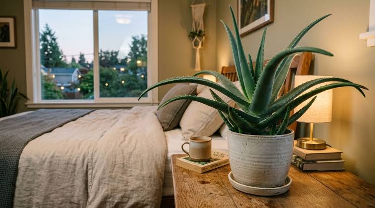 Quarto aconchegante com planta e decoração relaxante