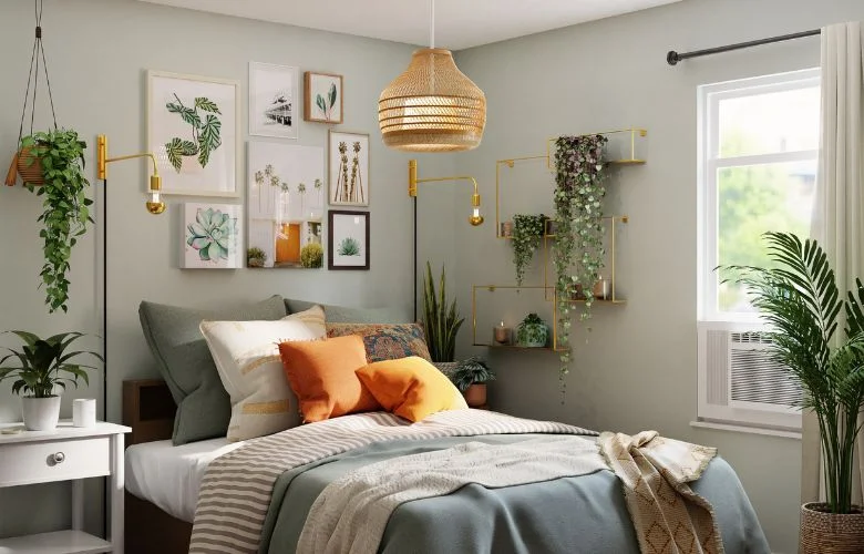Quarto aconchegante com plantas e decoração moderna