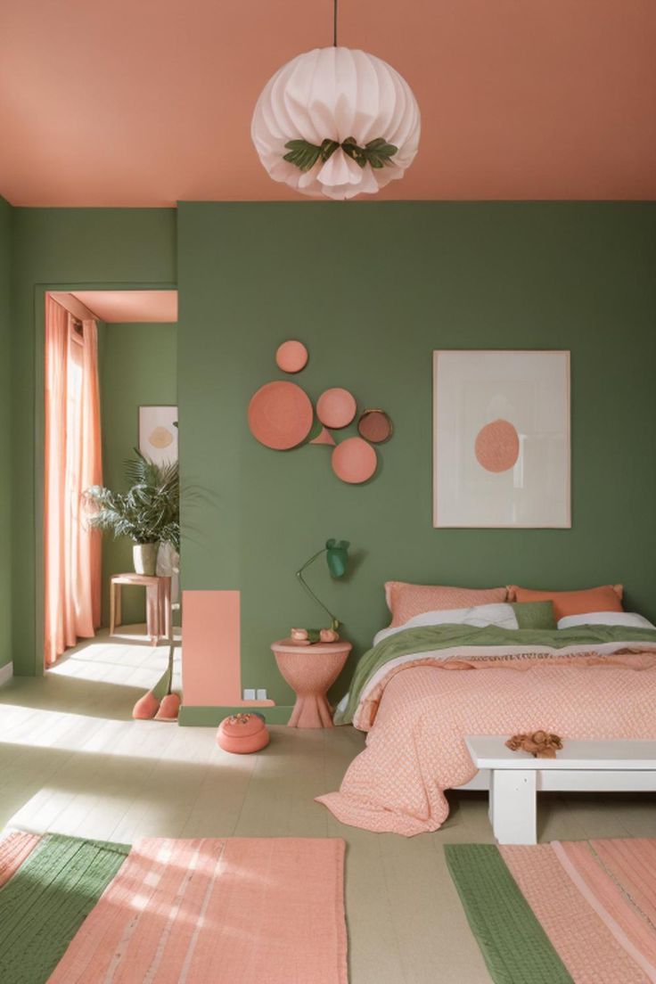 Quarto decorado em verde e coral com acessórios modernos.