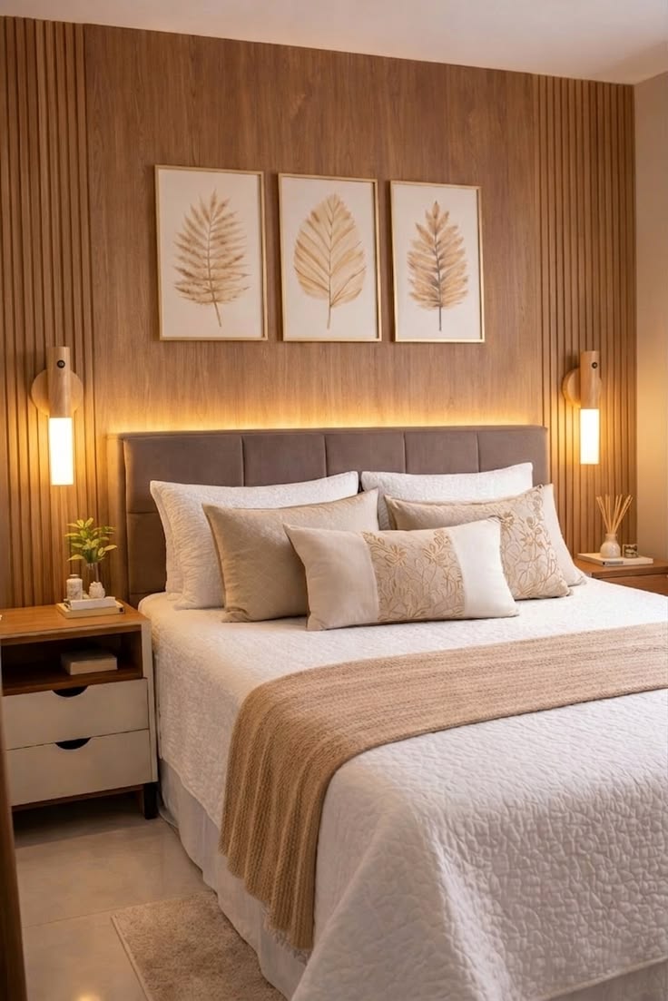 Quarto elegante com cama e quadros decorativos