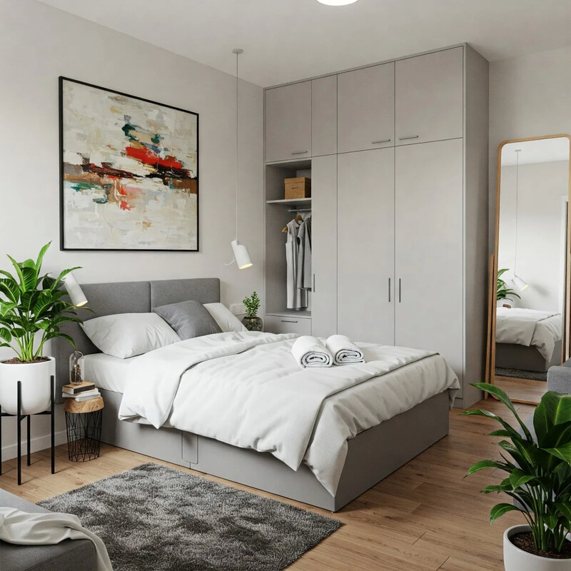 Quarto moderno com cama cinza e decoração minimalista