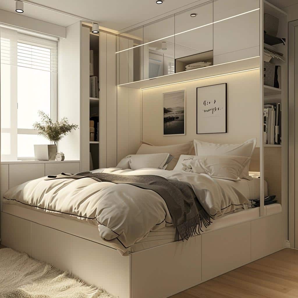 Quarto moderno com cama confortável e decoração minimalista
