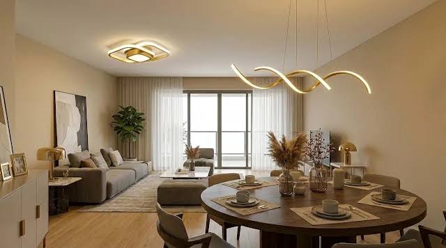Sala de estar moderna com mesa de jantar elegante.