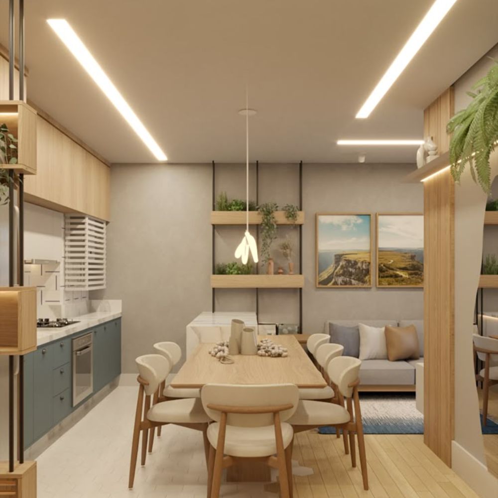 Sala de jantar moderna com iluminação e decoração minimalista