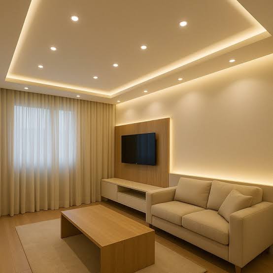 Sala de estar moderna com iluminação suave e TV